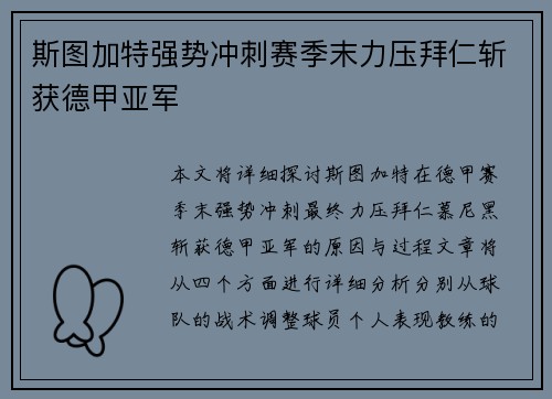斯图加特强势冲刺赛季末力压拜仁斩获德甲亚军
